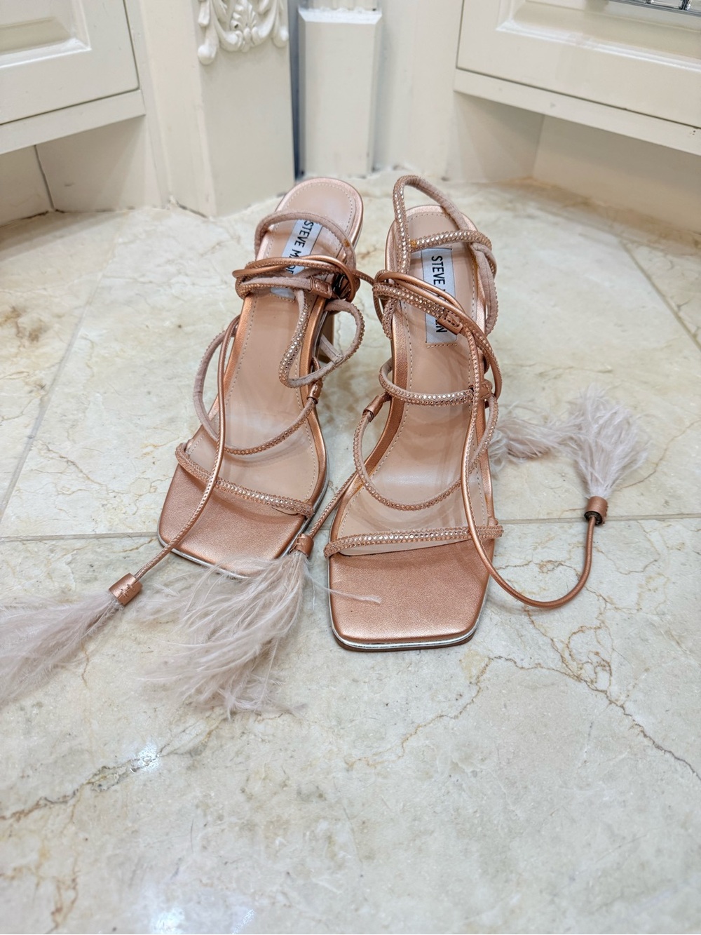 Steve Madden Rose Gold Lace-Up Feathered Strappy Heels